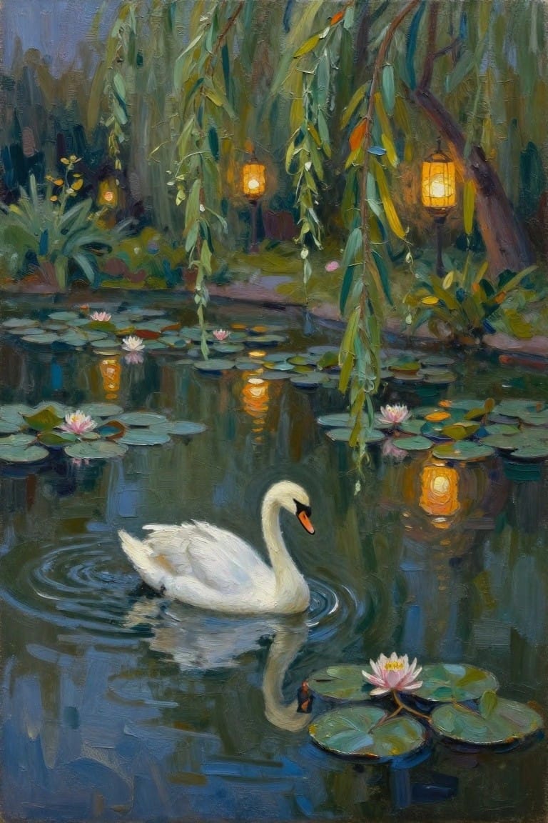 White swan glides on reflective pond amid lanterns, willows, and water lilies.
