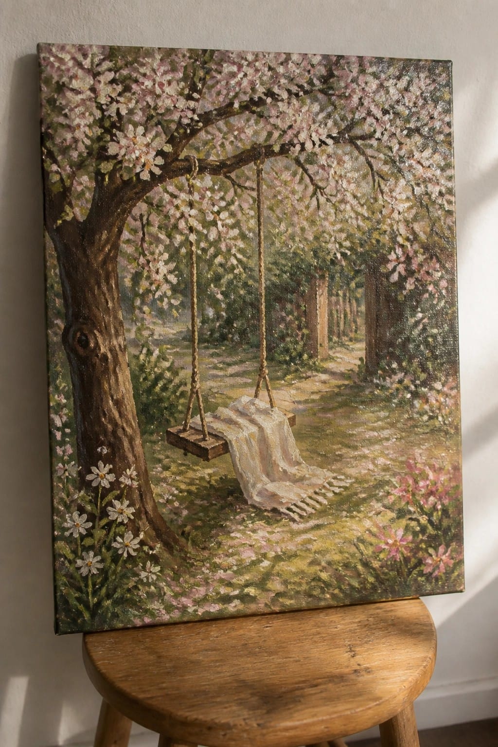 Oil painting of wooden swing with white cloth under blooming pink tree