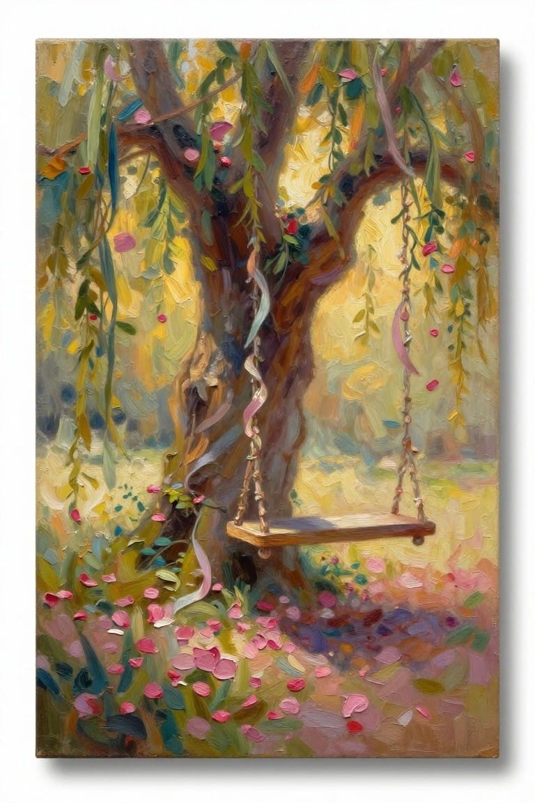 An oil painting of a wooden swing hanging from a tree in a garden with flowers and petals on the ground.