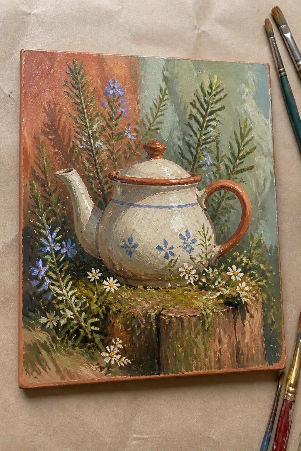 Oil painting of floral teapot on stump amid wildflowers with paintbrushes nearby