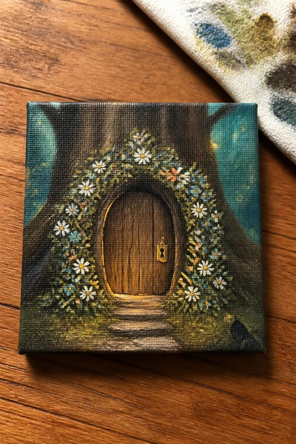 Miniature canvas painting of wooden fairy door in tree with daisy arch and steps