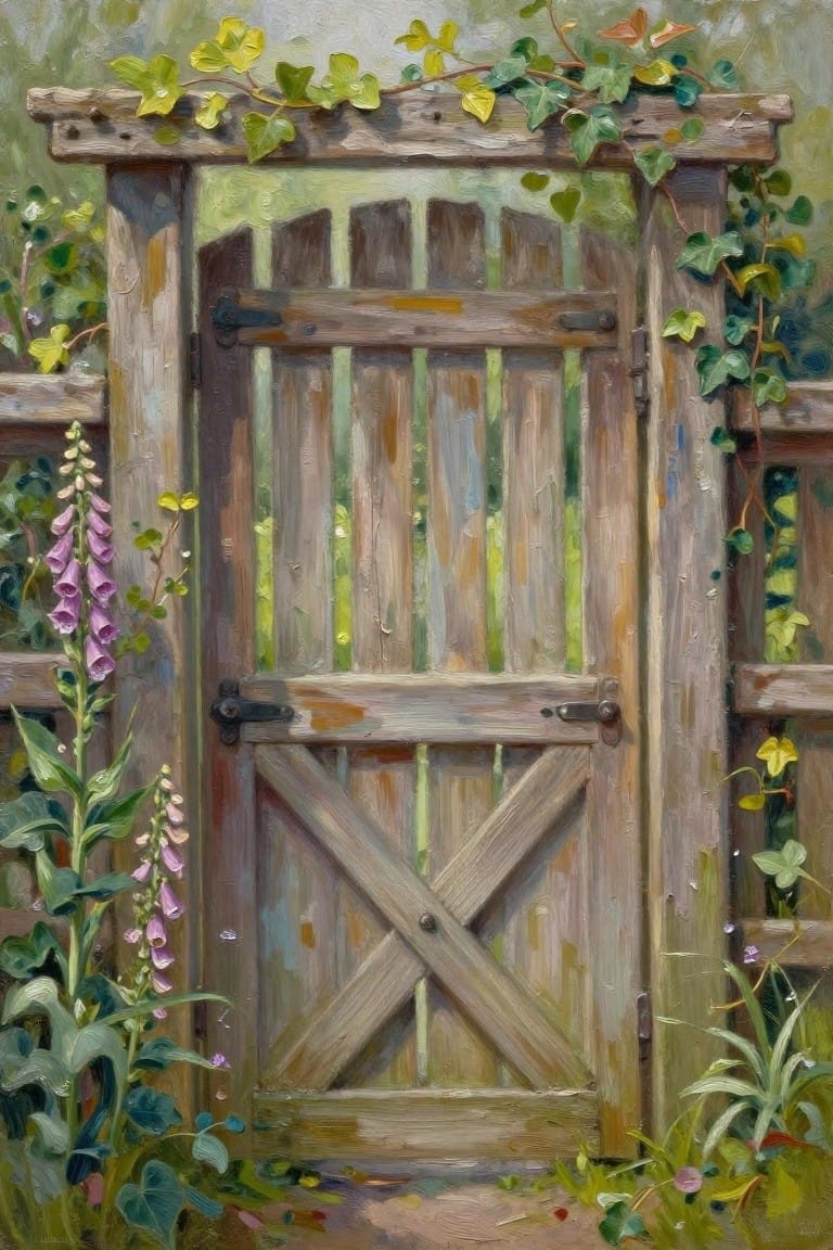Rustic wooden gate draped in green ivy beside blooming purple foxgloves
