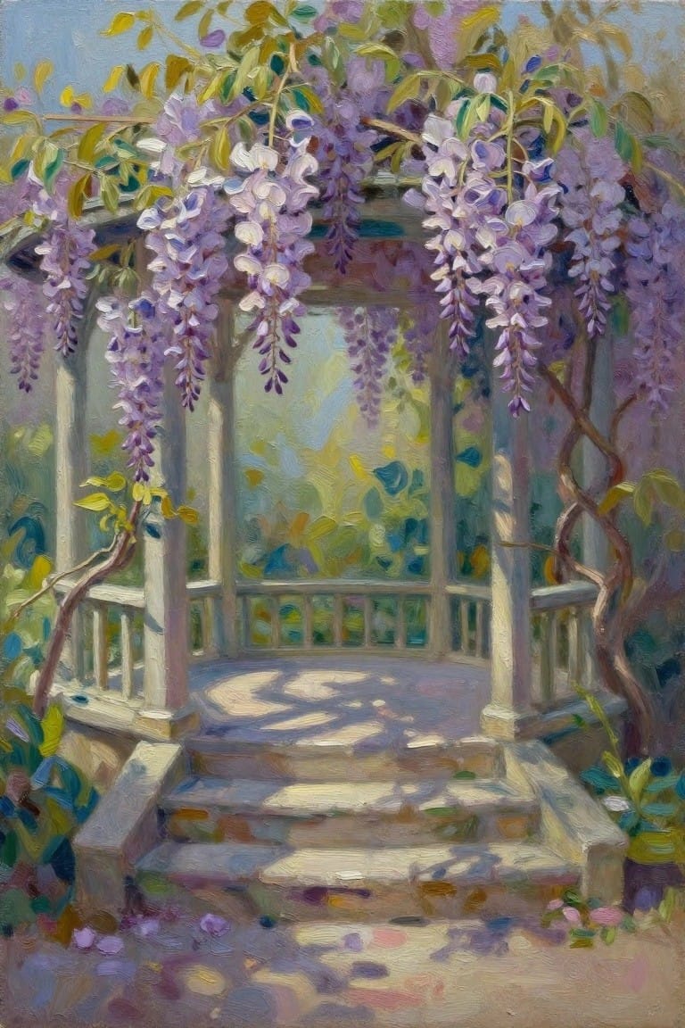 White gazebo draped in purple wisteria with sunlit steps and railing