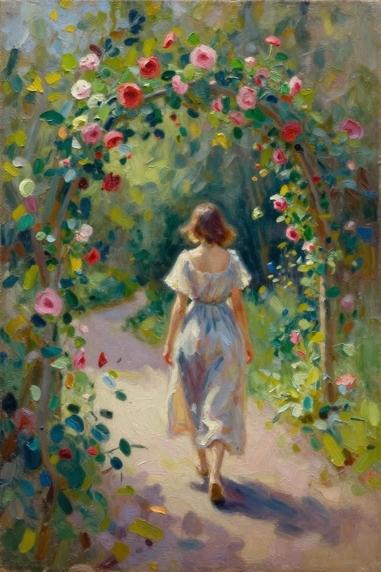 A woman in a light dress walks away down a garden path under an arch covered in pink and red roses.