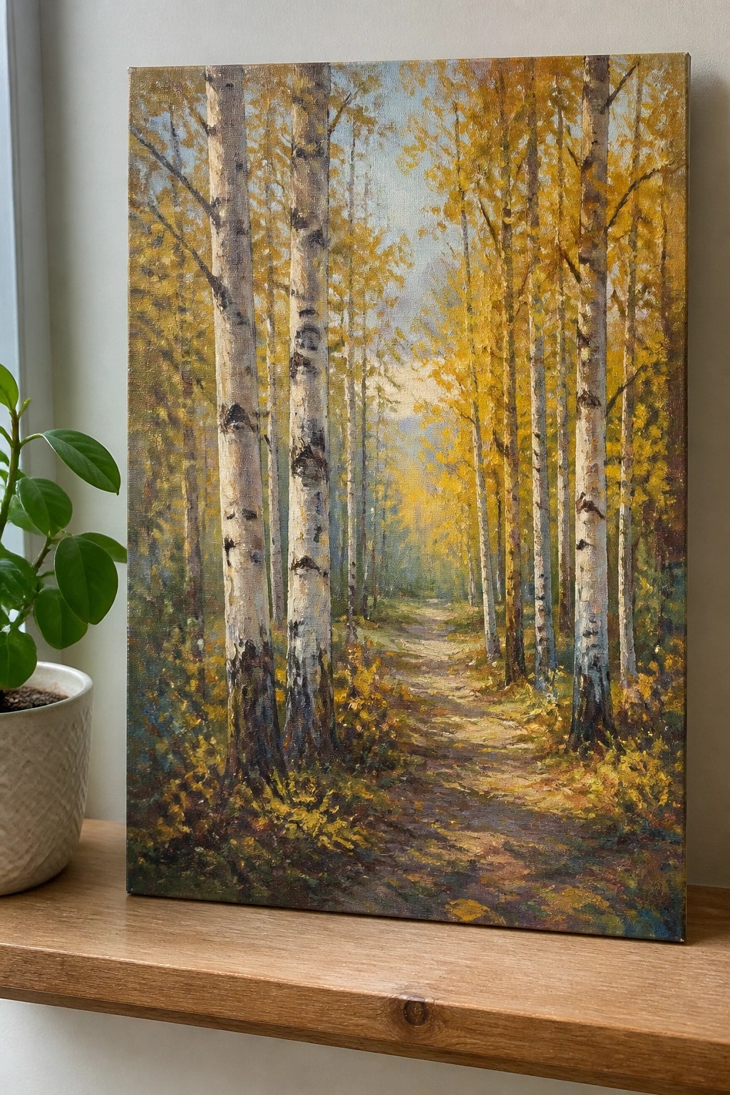 Oil painting of autumn birch forest path with yellow leaves beside potted plant on shelf