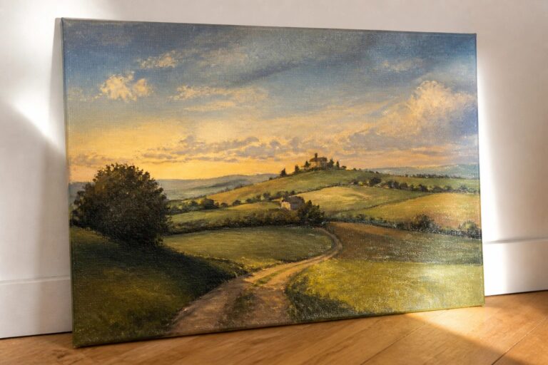 Rural landscape painting at sunset with winding road, stone cottage, rolling hills, and golden clouds.