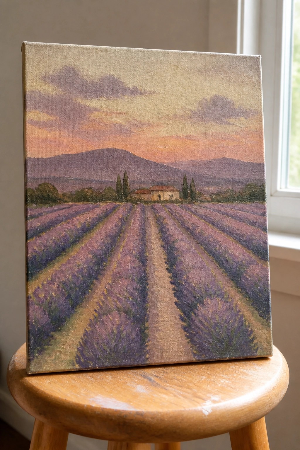 Lavender field painting on canvas propped on wooden stool at sunset