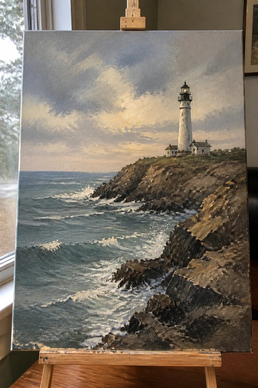 Realistic oil painting on easel of lighthouse atop cliffs above crashing waves