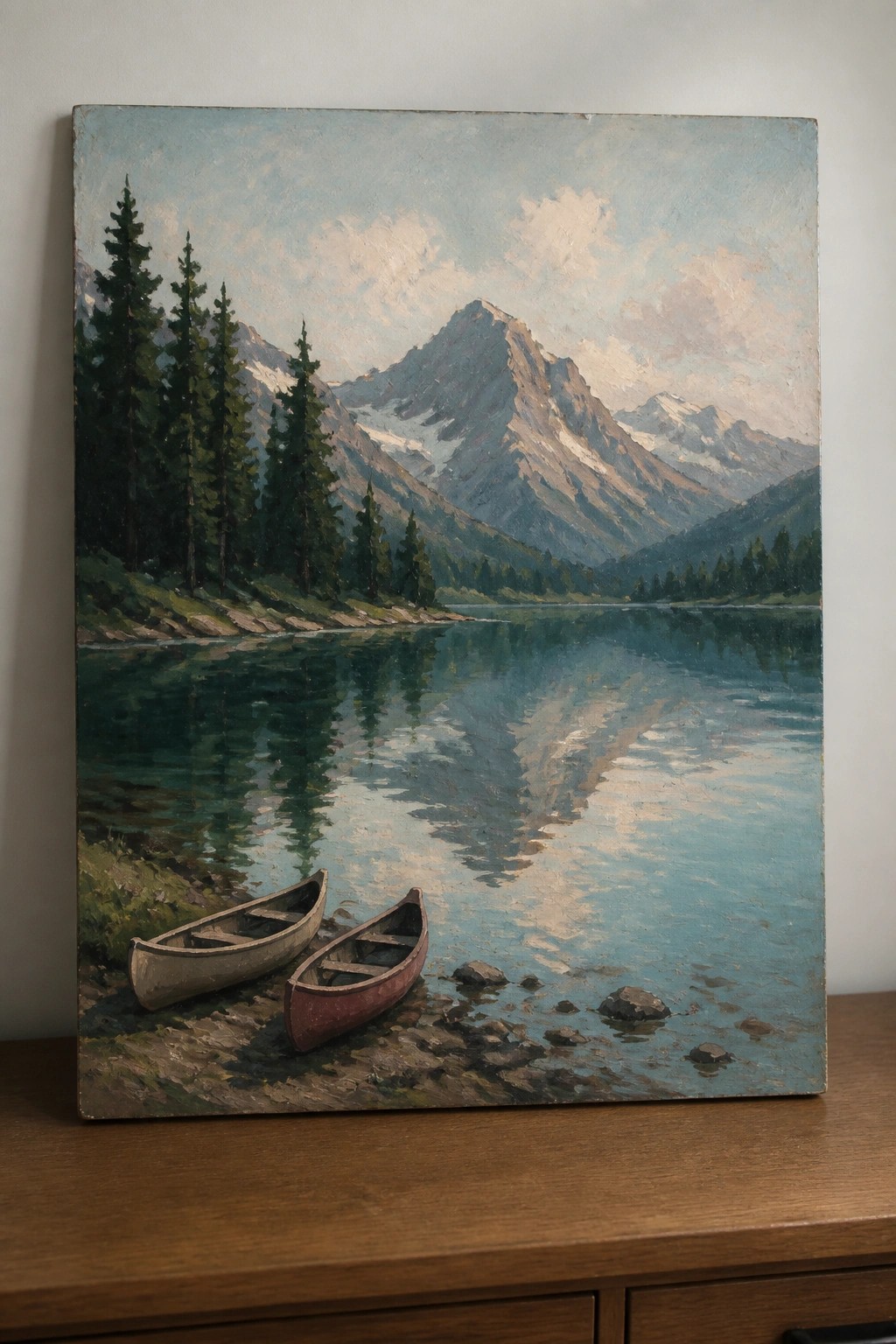 Two canoes rest on rocky shore by reflective mountain lake with pines.