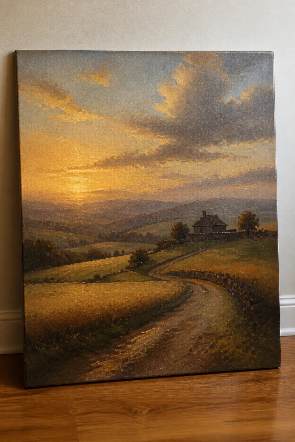 Rural landscape painting at sunset with winding road, stone cottage, rolling hills, and golden clouds.