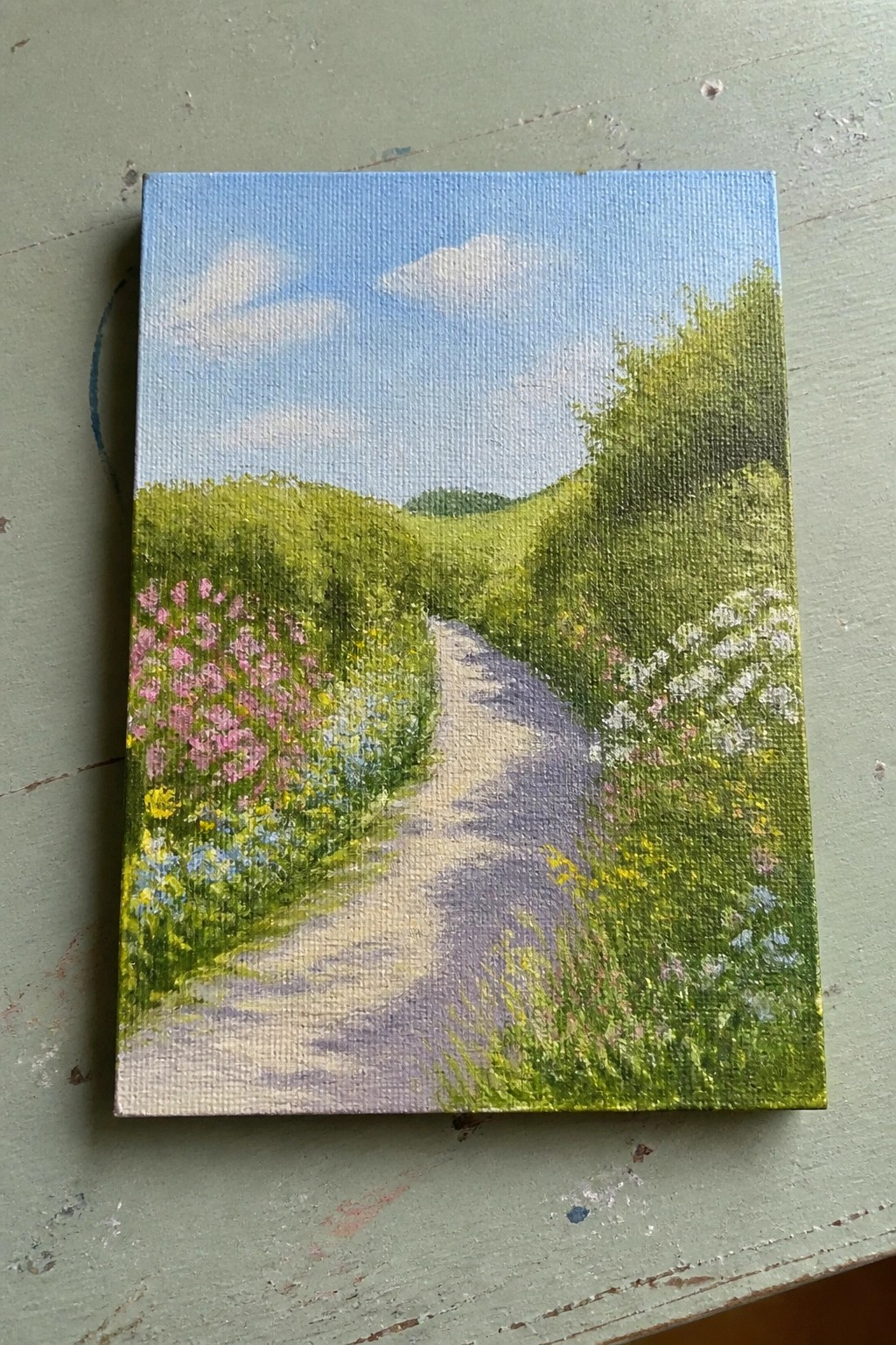 Winding path amid colorful wildflowers and green foliage under blue sky with clouds