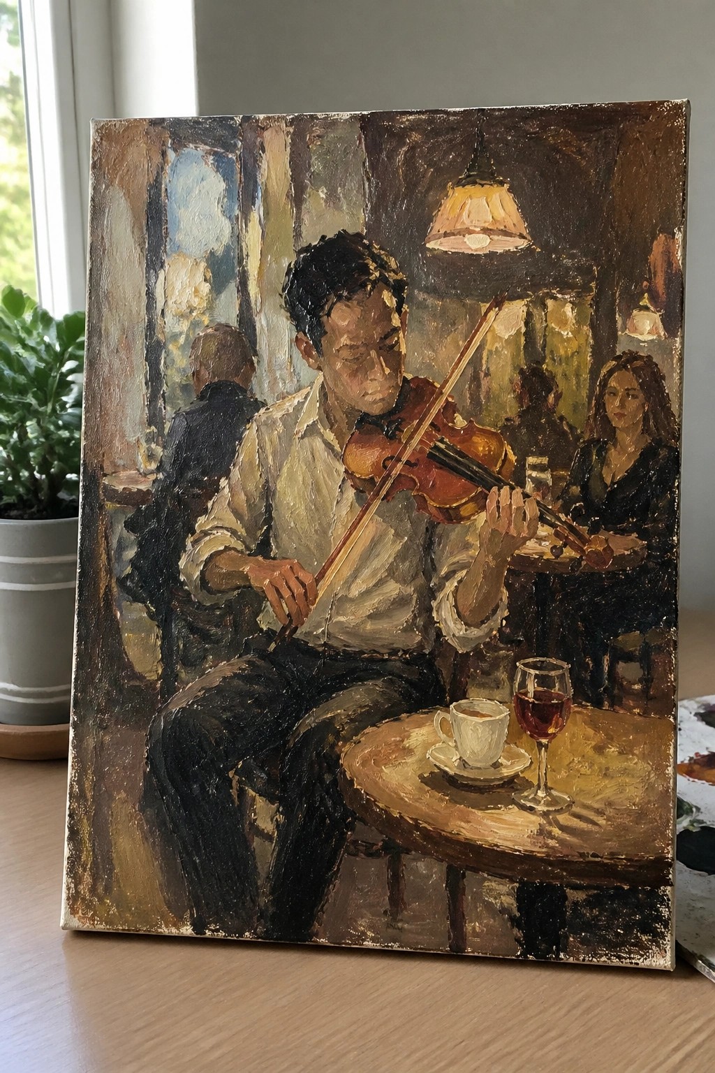 A man in a white shirt plays violin at a cafe table with a coffee cup and wine glass nearby while other patrons sit in the background under hanging lamps.