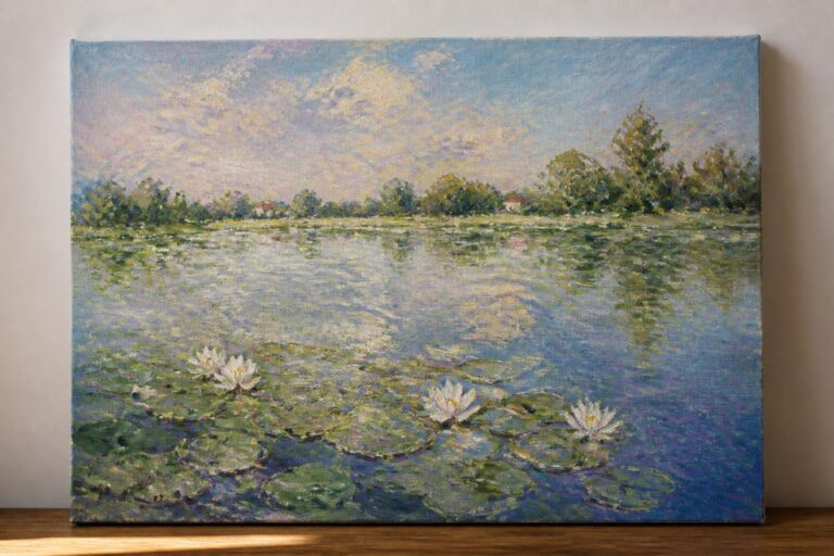 Impressionist painting of a calm pond with white water lilies, green pads, and trees.