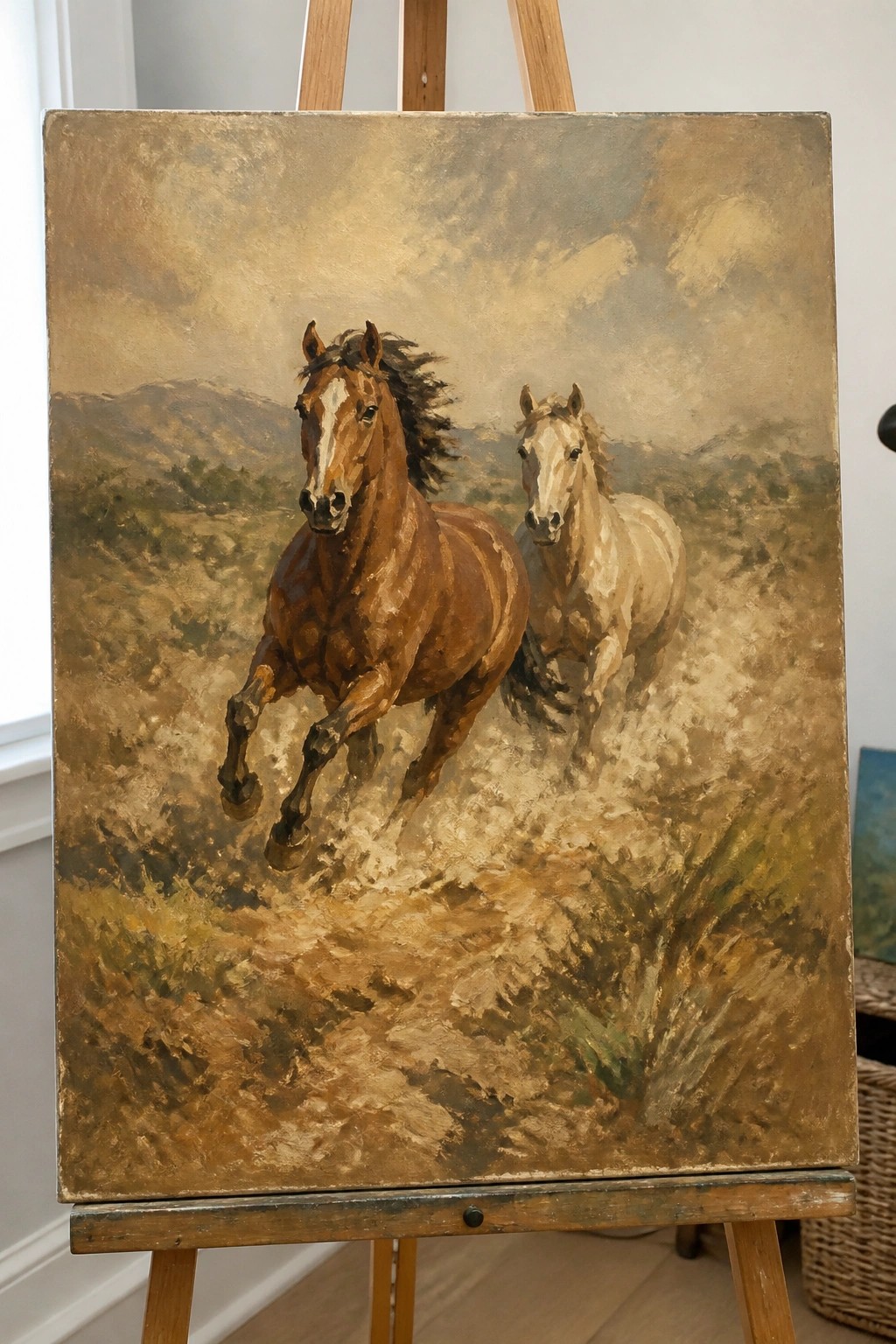 Two horses galloping through a hilly landscape, brown leading white, on wooden easel.