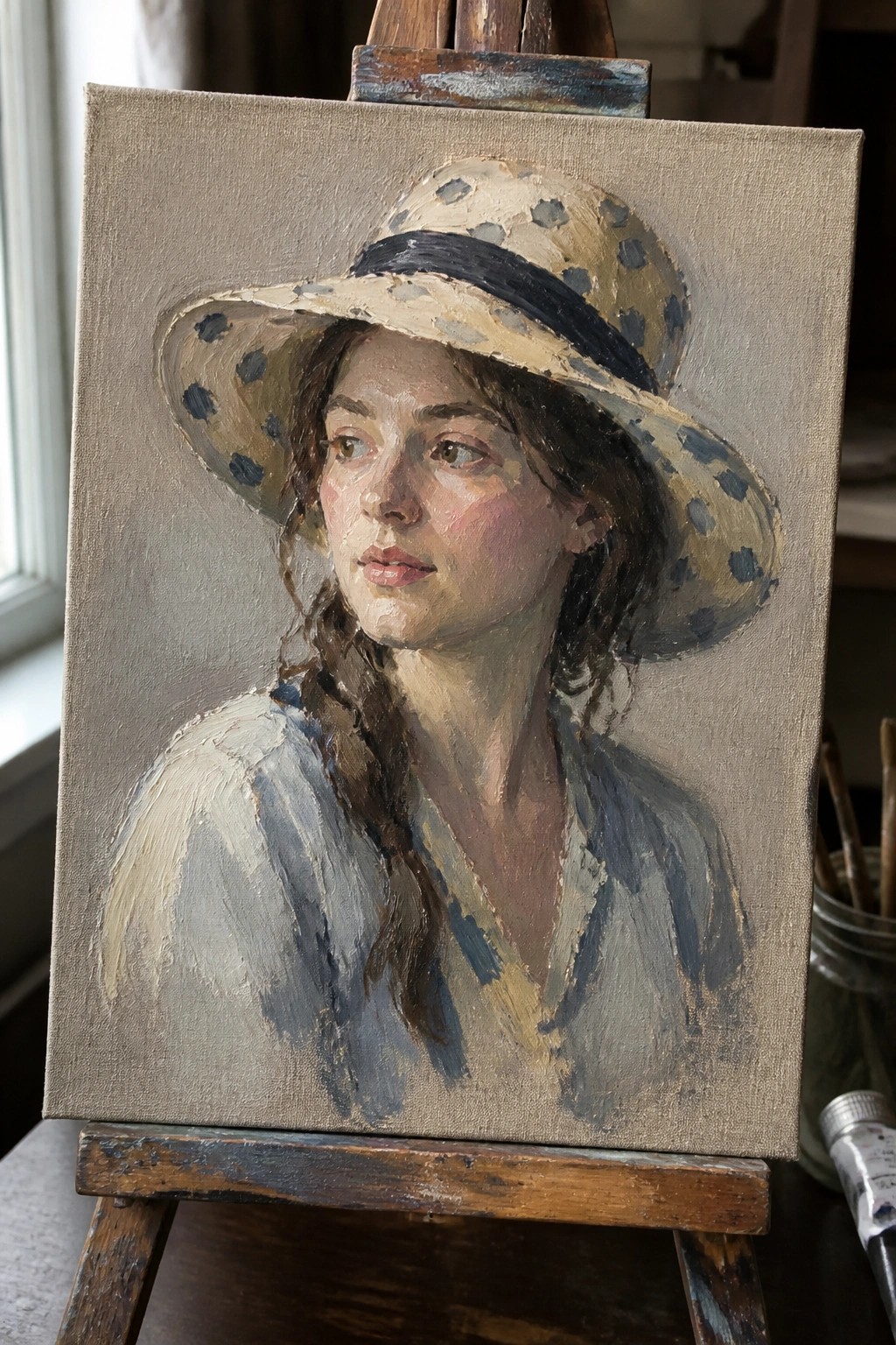 Oil painting of young woman in polka-dot hat on wooden easel