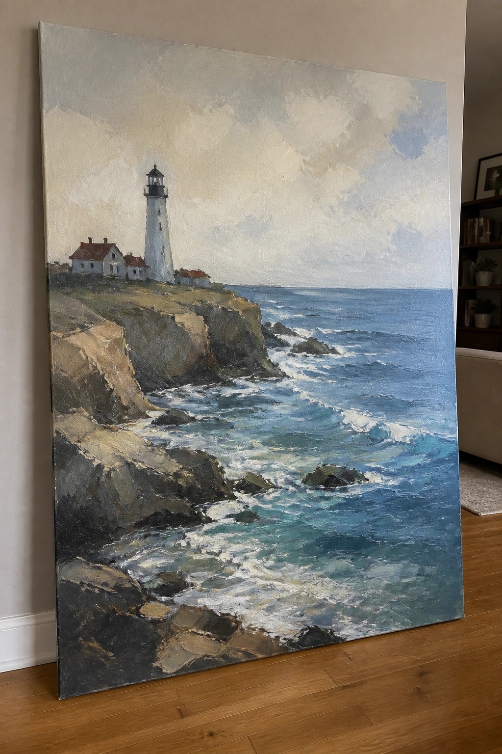 Oil painting of white lighthouse on rocky cliffs overlooking blue ocean with waves.