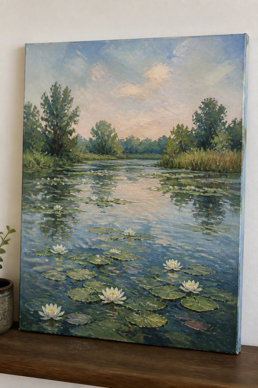 Impressionist painting of a calm pond with white water lilies, green pads, and trees.