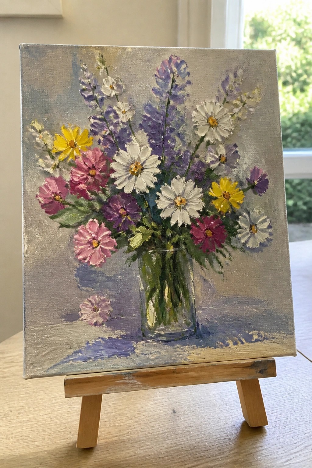 Impressionistic painting of colorful flowers in glass vase on wooden easel