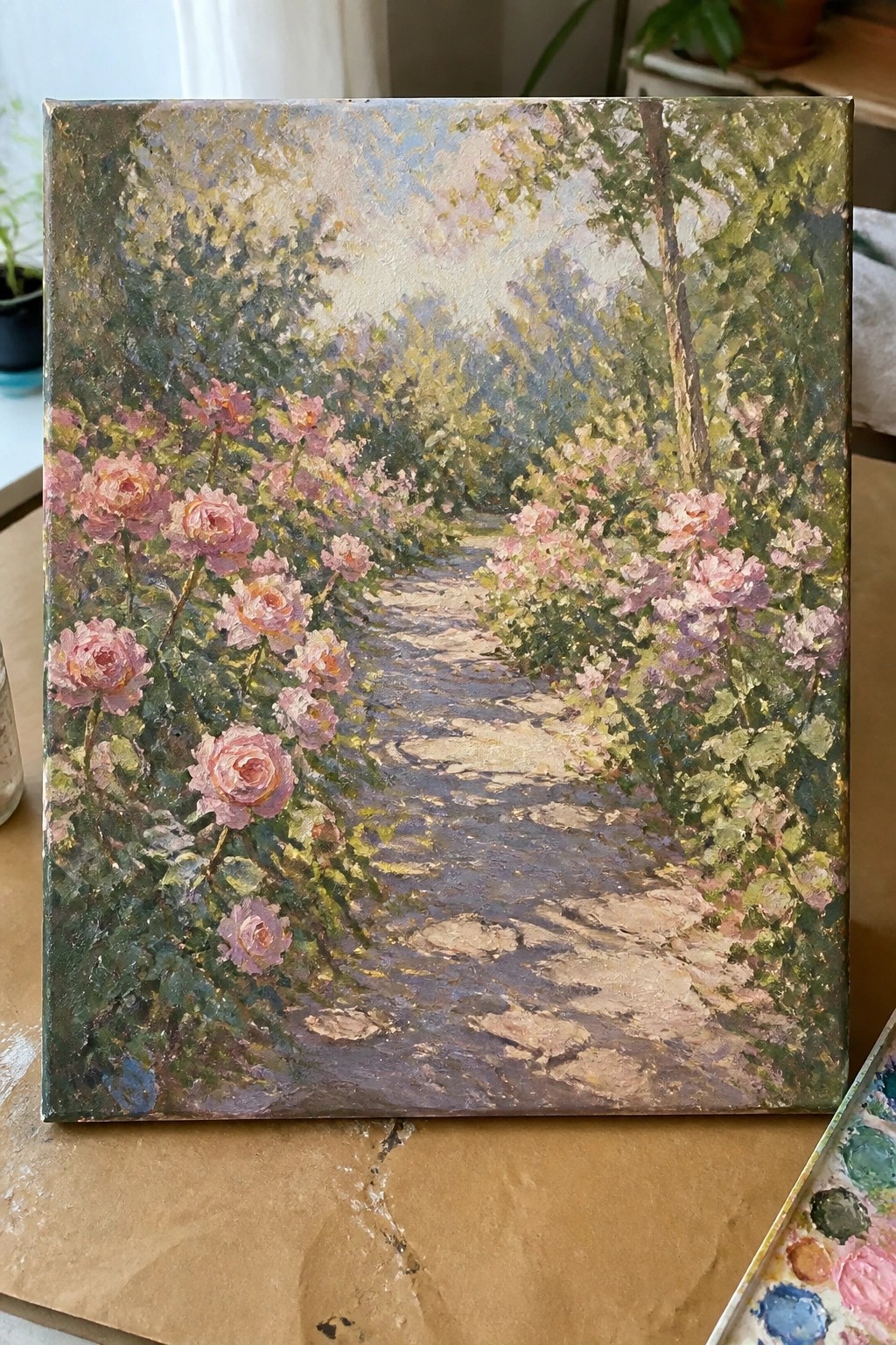 Impressionist painting of a sunlit stone path lined with blooming pink roses.