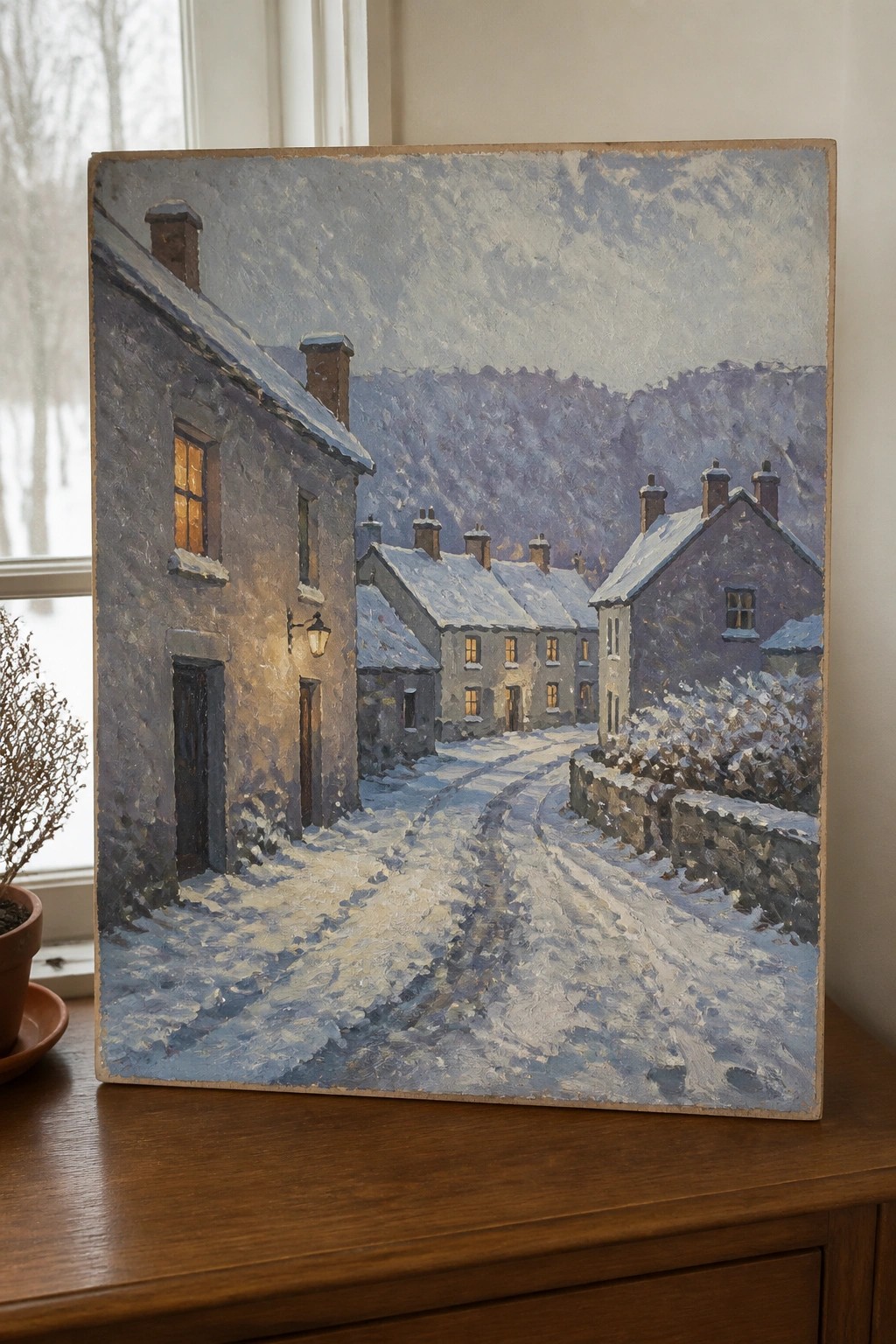 Impressionistic painting of snow-covered houses along a winding village road at dusk