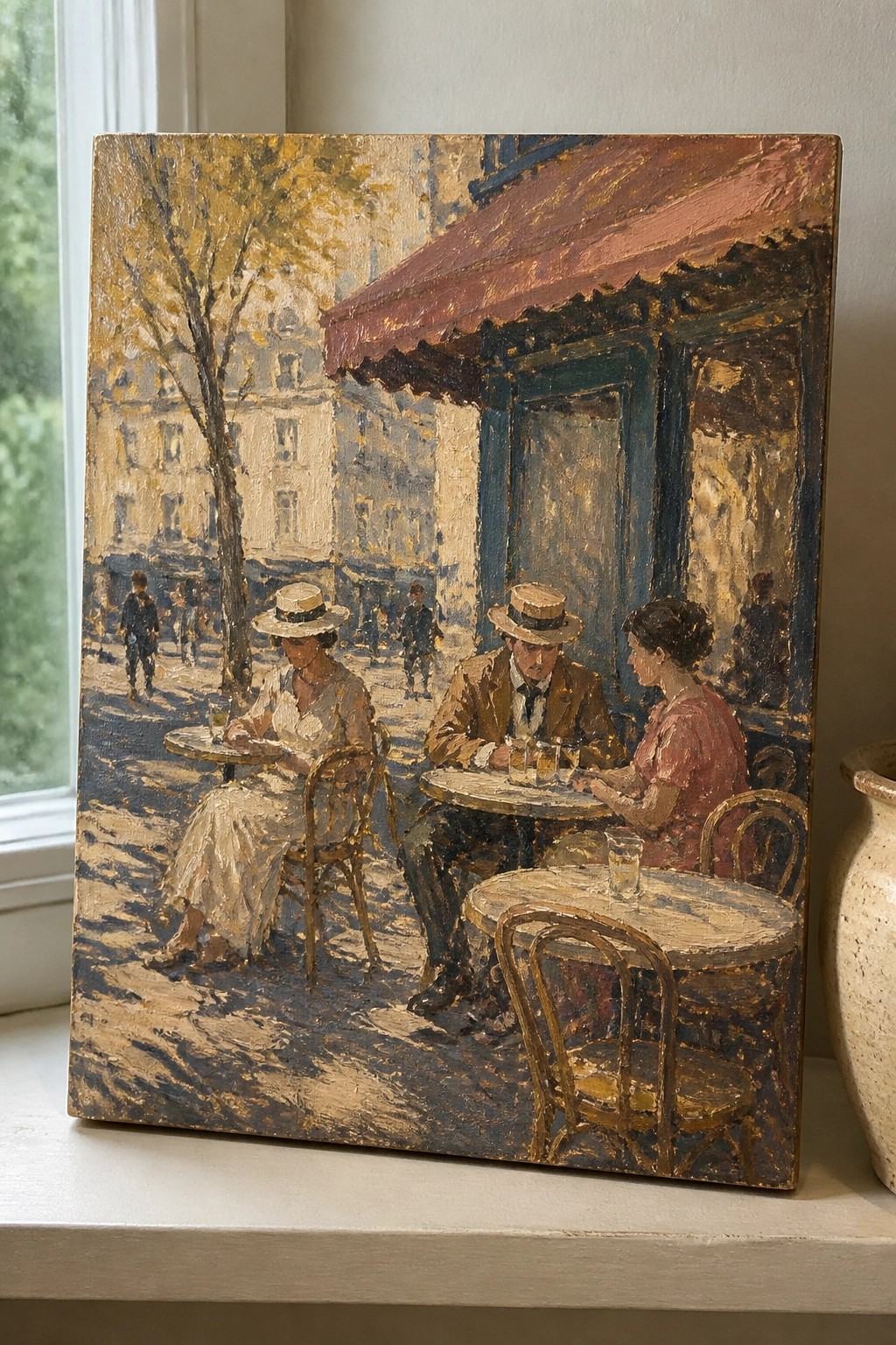 Impressionist painting of three people at sidewalk café tables under red awning on city street