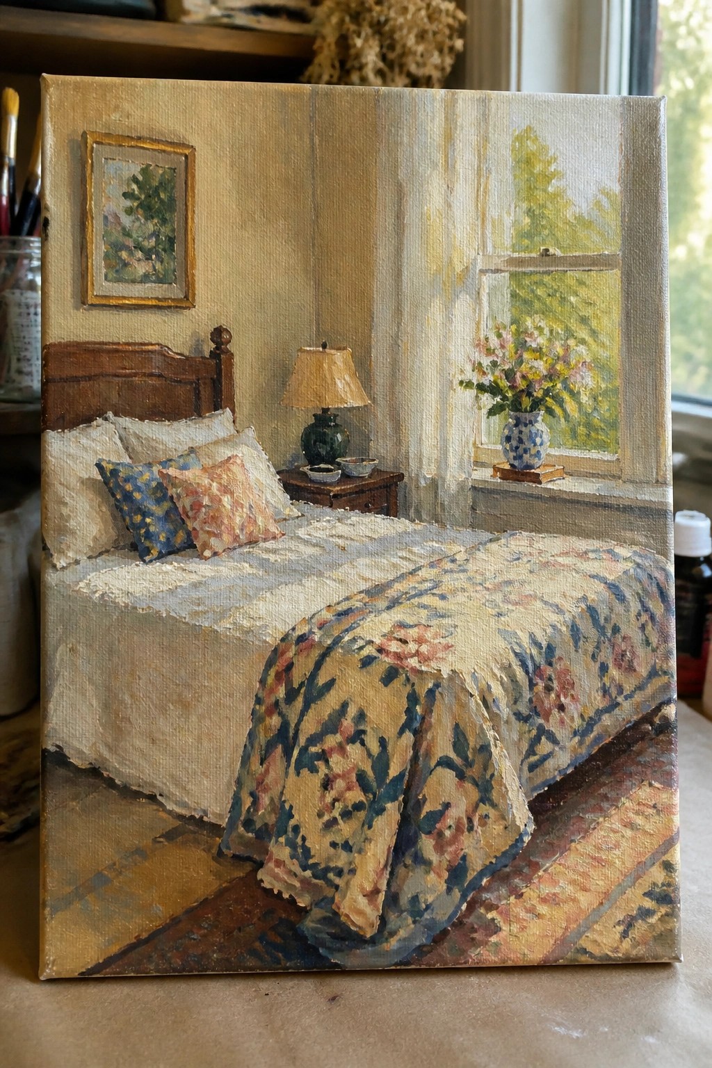 Sunlit bedroom painting with floral quilt on bed, window flowers, and lamp.