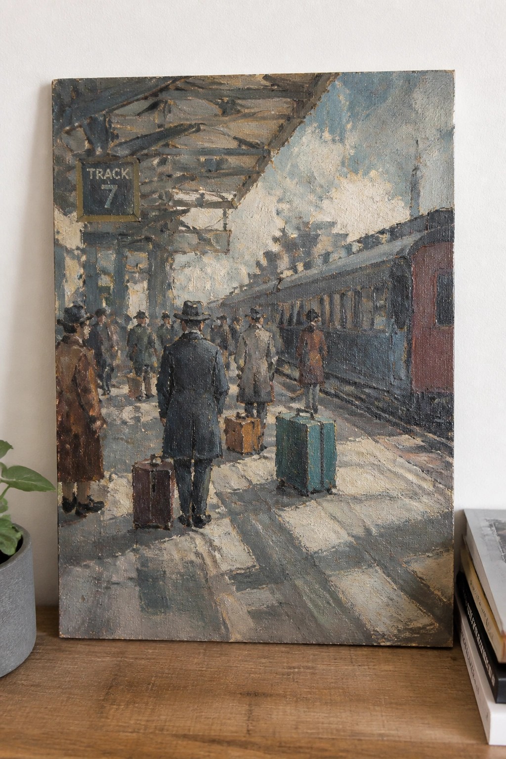 Impressionistic painting of travelers in coats and hats with luggage on TRACK 7 platform beside train