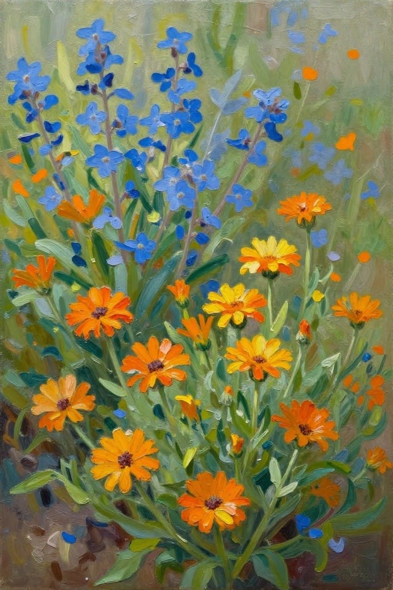Vivid painting of blue wildflowers and bright orange blooms amid green foliage.