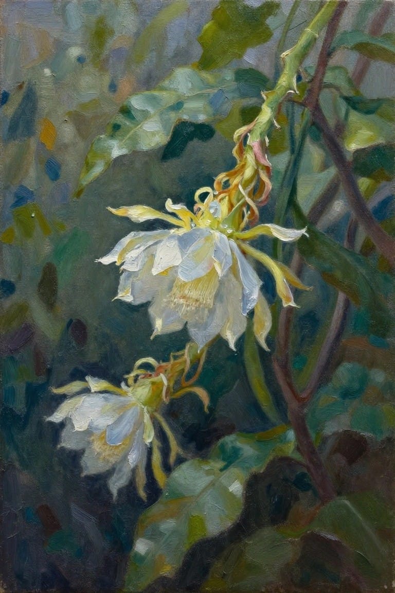 White cactus flowers with yellow centers hanging amid dark green foliage in oil painting.