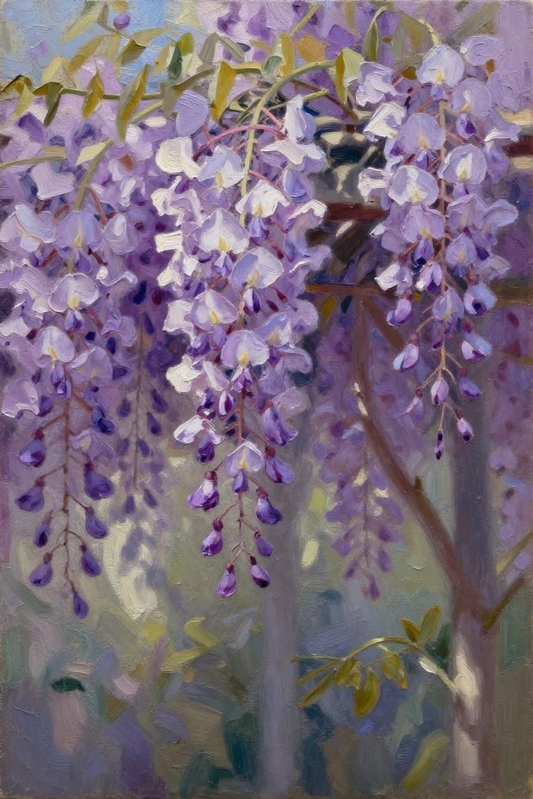 Impressionistic painting of cascading purple wisteria flowers on leafy branches.