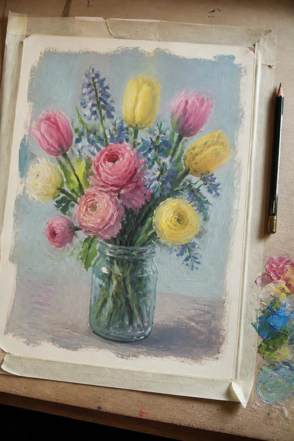Colorful painting of pink yellow flowers in glass jar beside pencil and paint palette