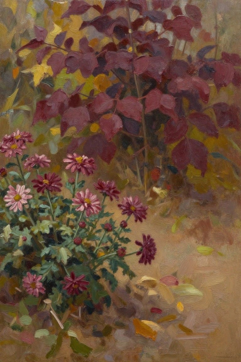 Pink chrysanthemums bloom beside burgundy autumn leaves in an oil painting.