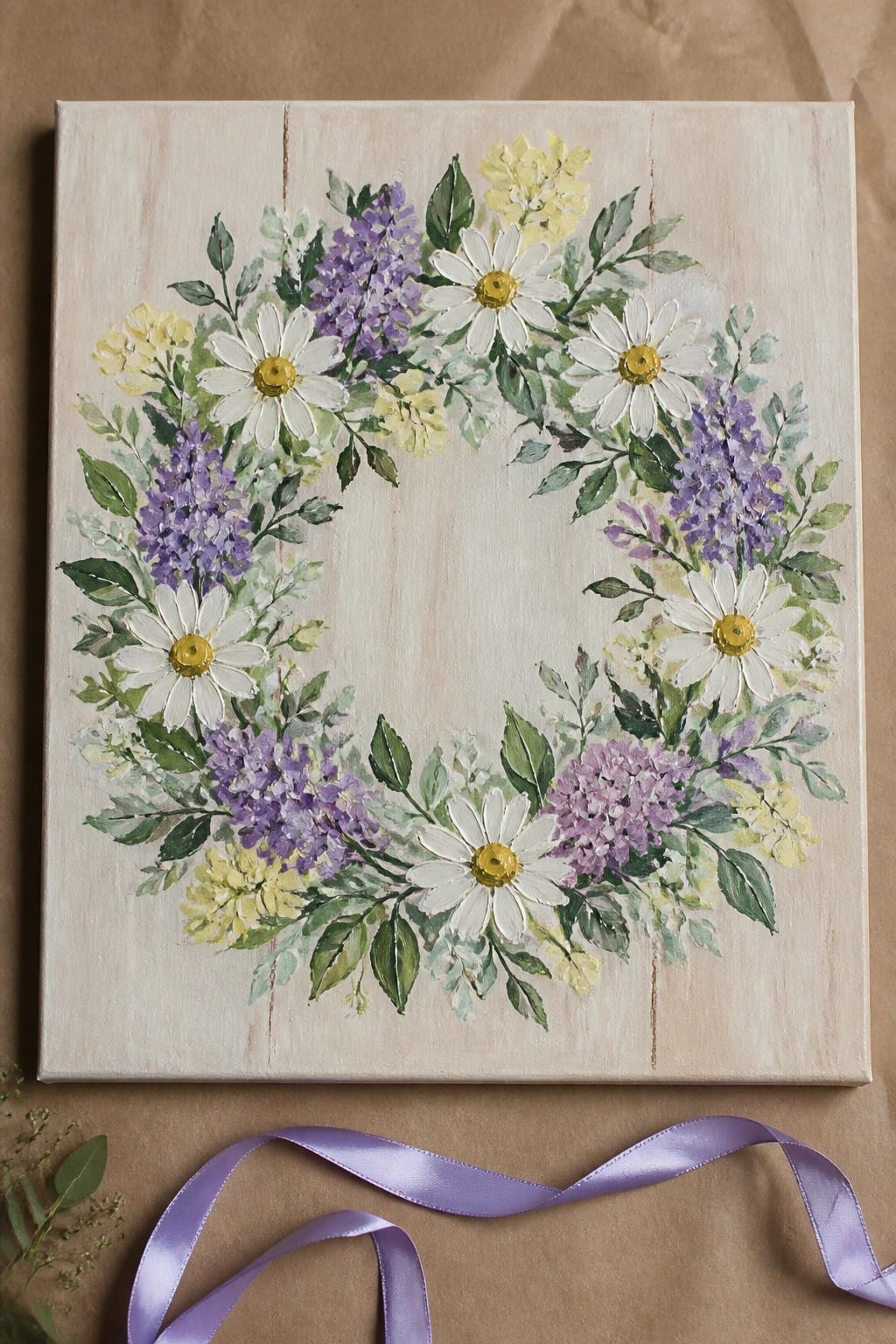 Square canvas with a painted floral wreath of white daisies, purple lilacs, and green leaves on a light wood background, purple ribbon at the bottom.