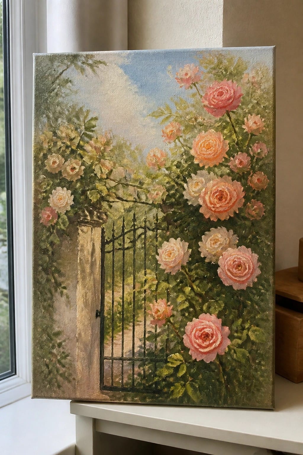 Oil painting of pink roses blooming around a black wrought-iron garden gate.