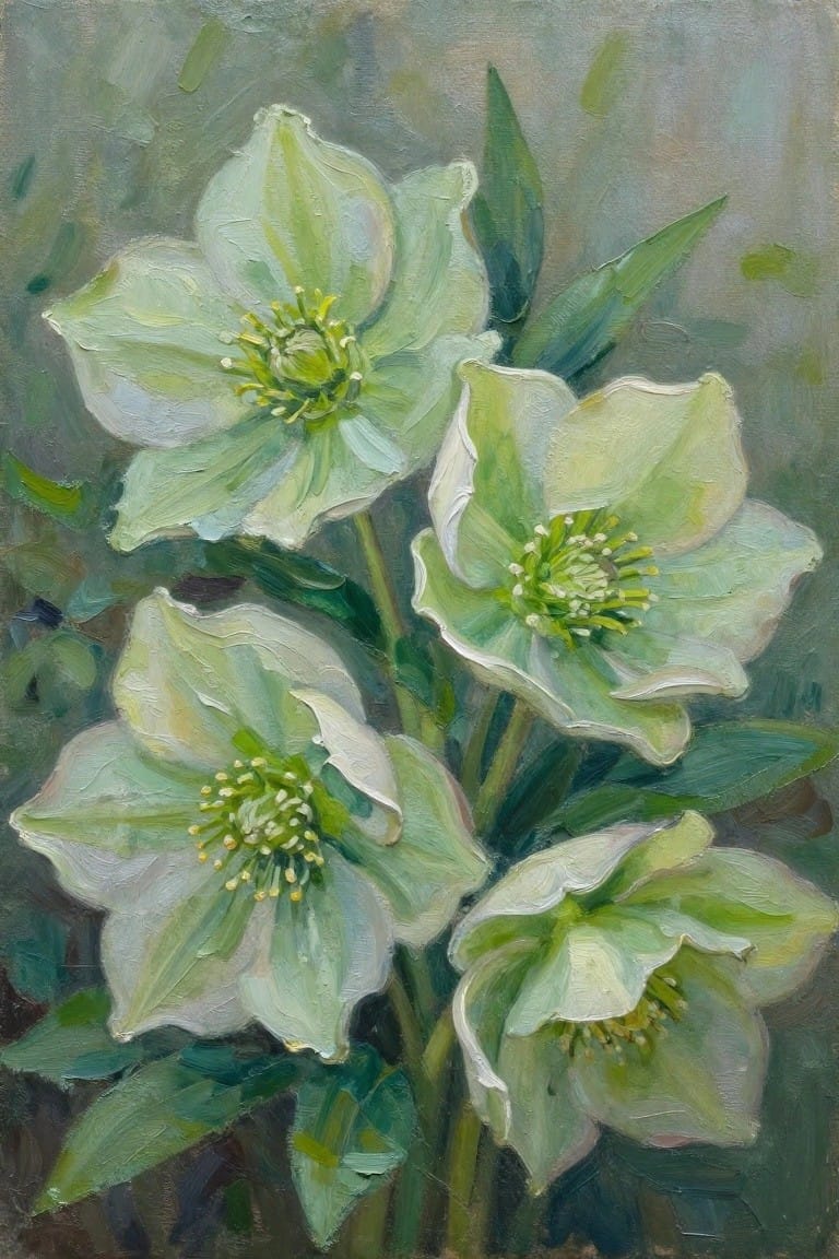 An oil painting of five white and pale green hellebore flowers with yellow centers and dark green leaves against a muted gray-green background.