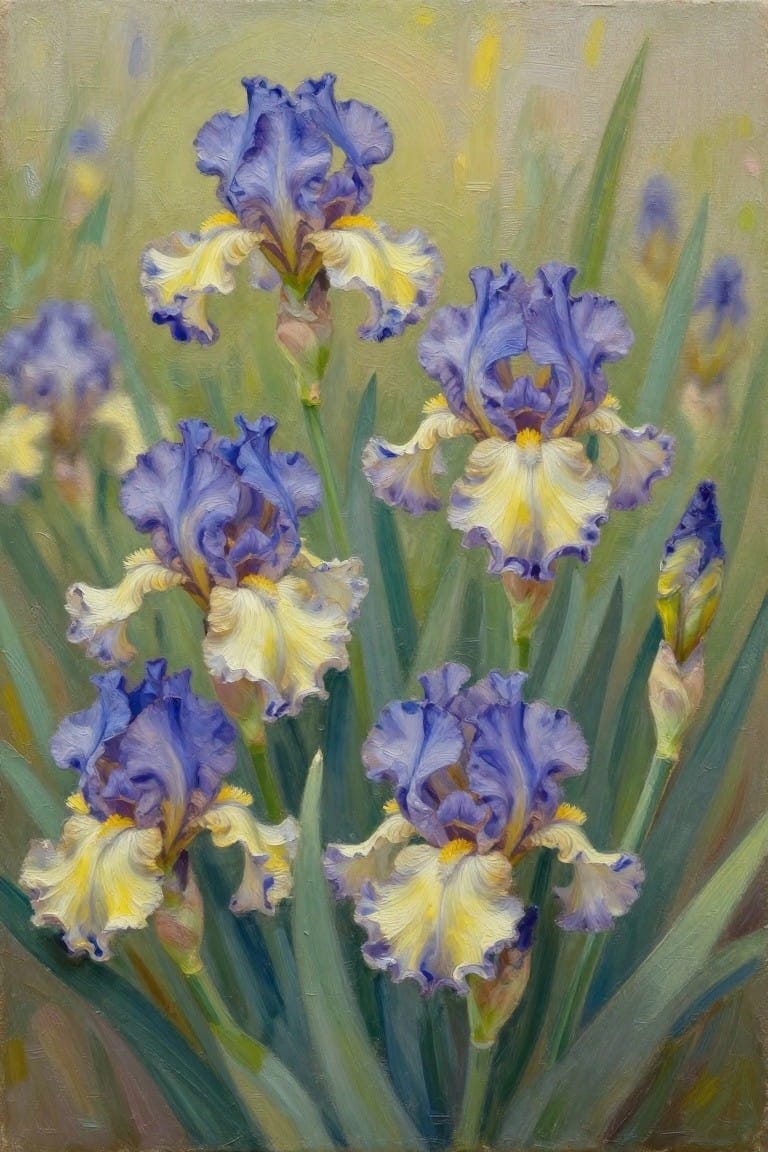 Blue and yellow irises blooming amid tall green leaves in soft focus.