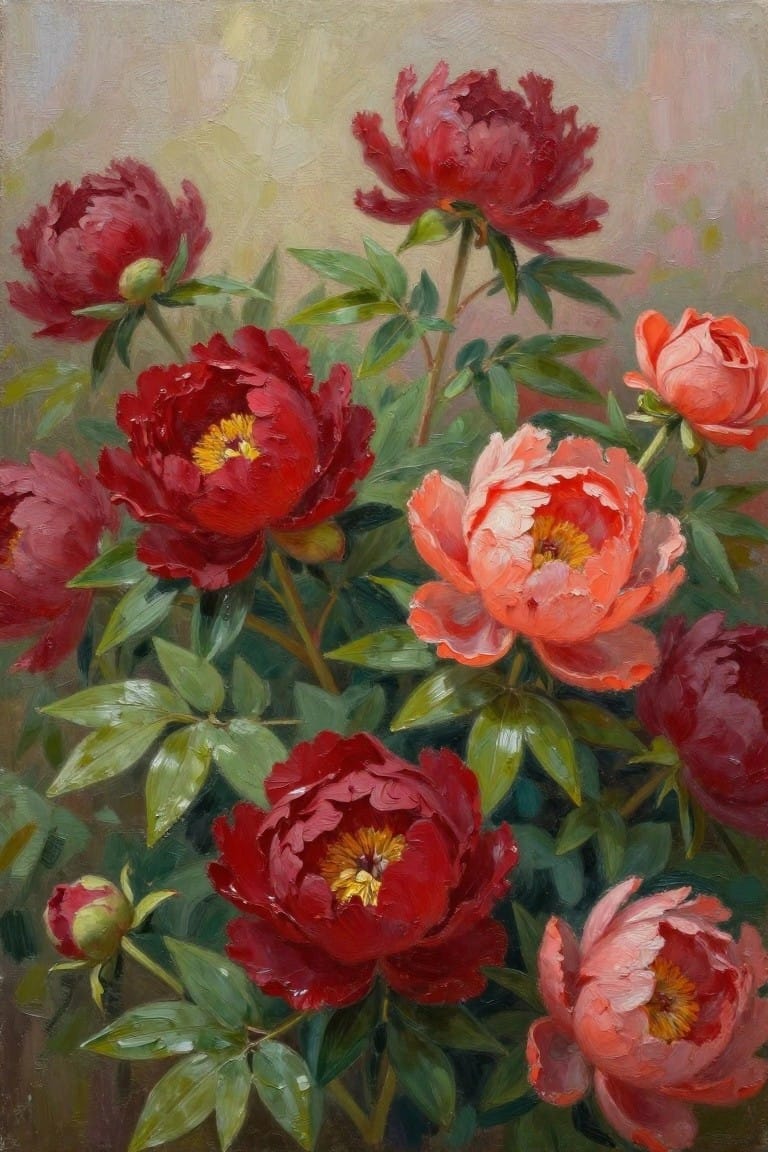 Impressionistic painting of vibrant red and coral peonies with green leaves