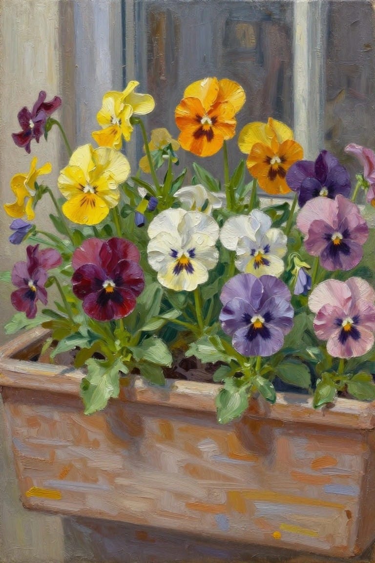 A realistic oil painting of colorful pansies in yellow, orange, purple, white, and pink growing in a wooden window box planter.