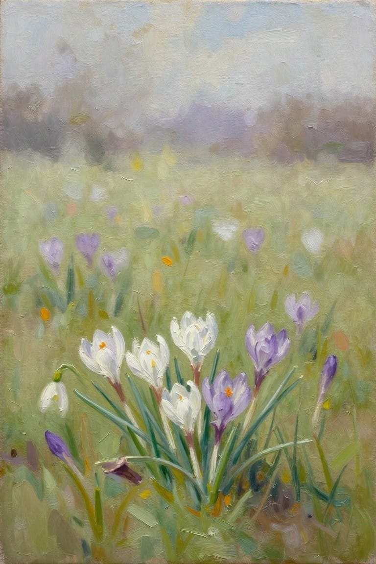 White and purple crocuses blooming in a soft green meadow painting.