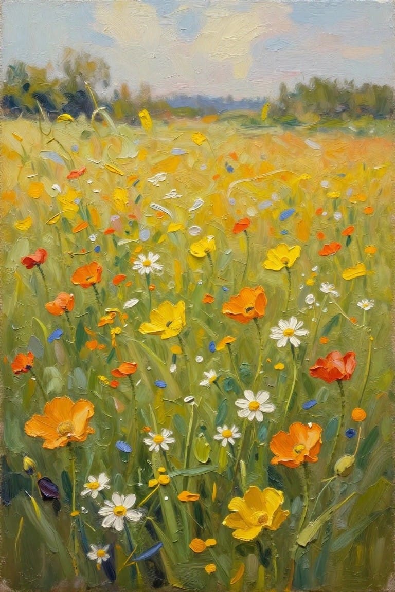 Vibrant wildflower meadow with yellow poppies, white daisies, and green grass in impasto style.