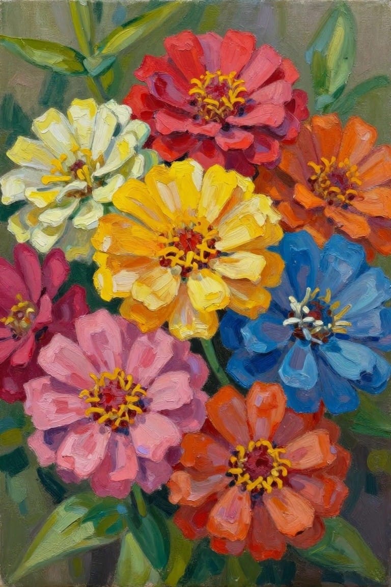 Vibrant oil painting of multicolored zinnia blooms in red, yellow, pink, blue, and orange