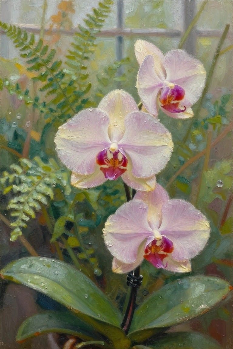 An oil painting of pink and white orchids covered in water droplets, with green leaves and ferns in the background.