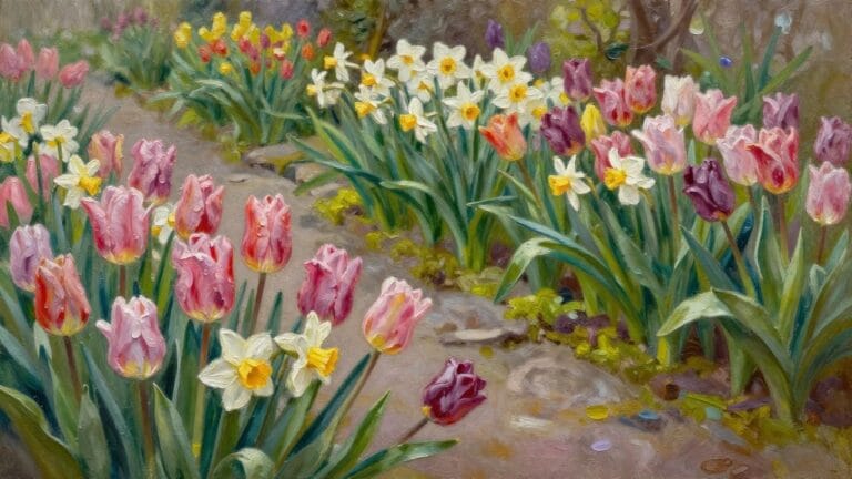 Vibrant oil painting of blooming pink tulips, daffodils, and purple hyacinths in garden