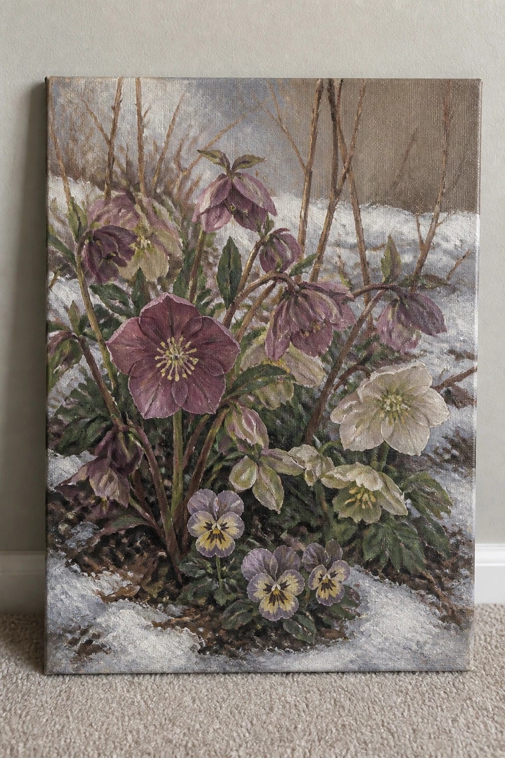 Oil painting of purple hellebores and pansies blooming amid snow and bare branches.