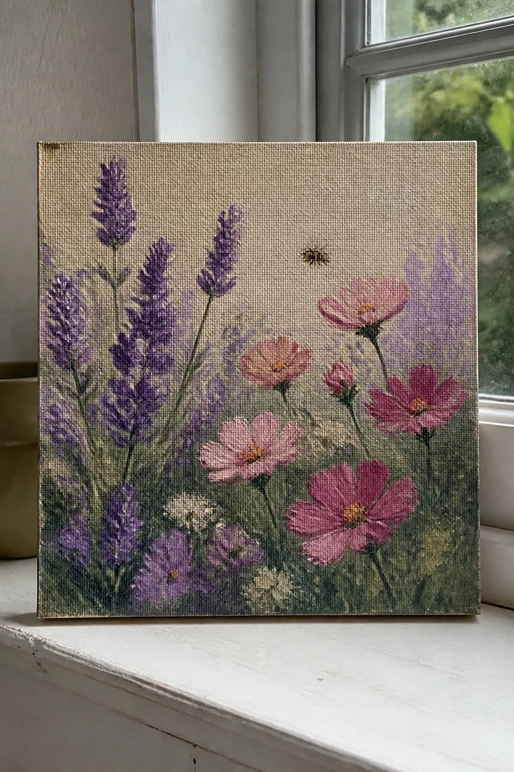 Canvas painting of purple lavender and pink cosmos flowers with a bee on windowsill