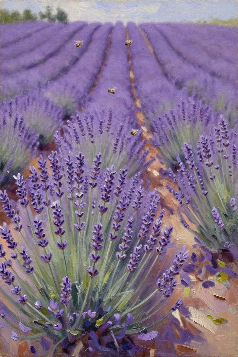 Oil painting of purple lavender rows with bees above a winding dirt path.