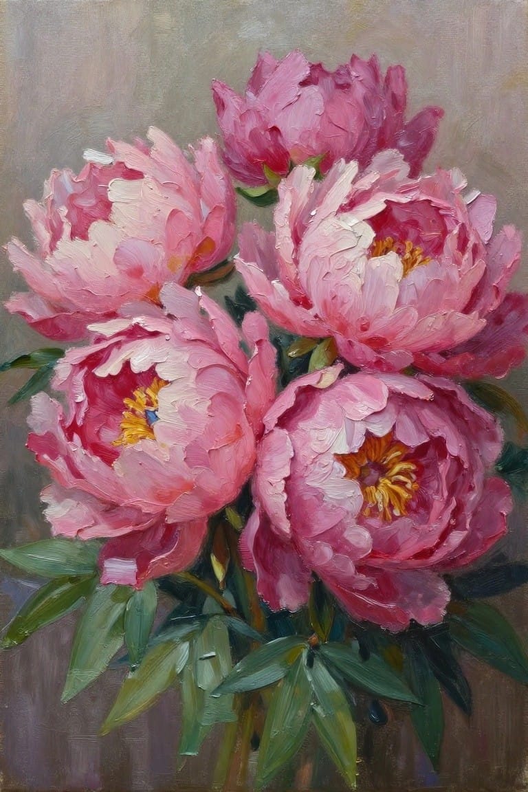 An oil painting of several pink peonies with green leaves against a muted background.