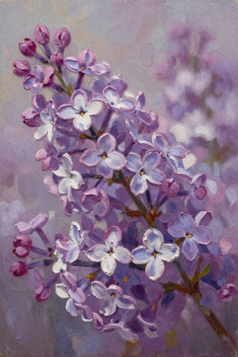 An oil painting of purple and white lilac flowers with buds clustered on brown stems against a soft blurred background.