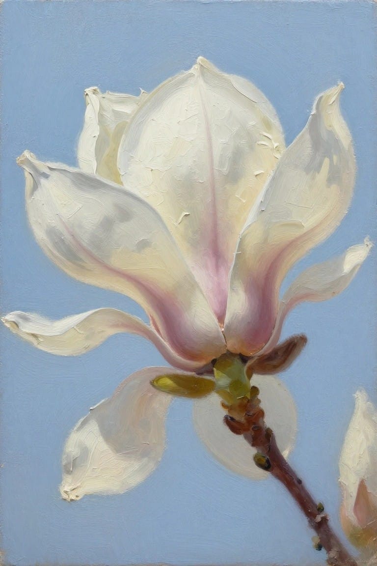 White magnolia bloom with pink center on brown stem against blue background