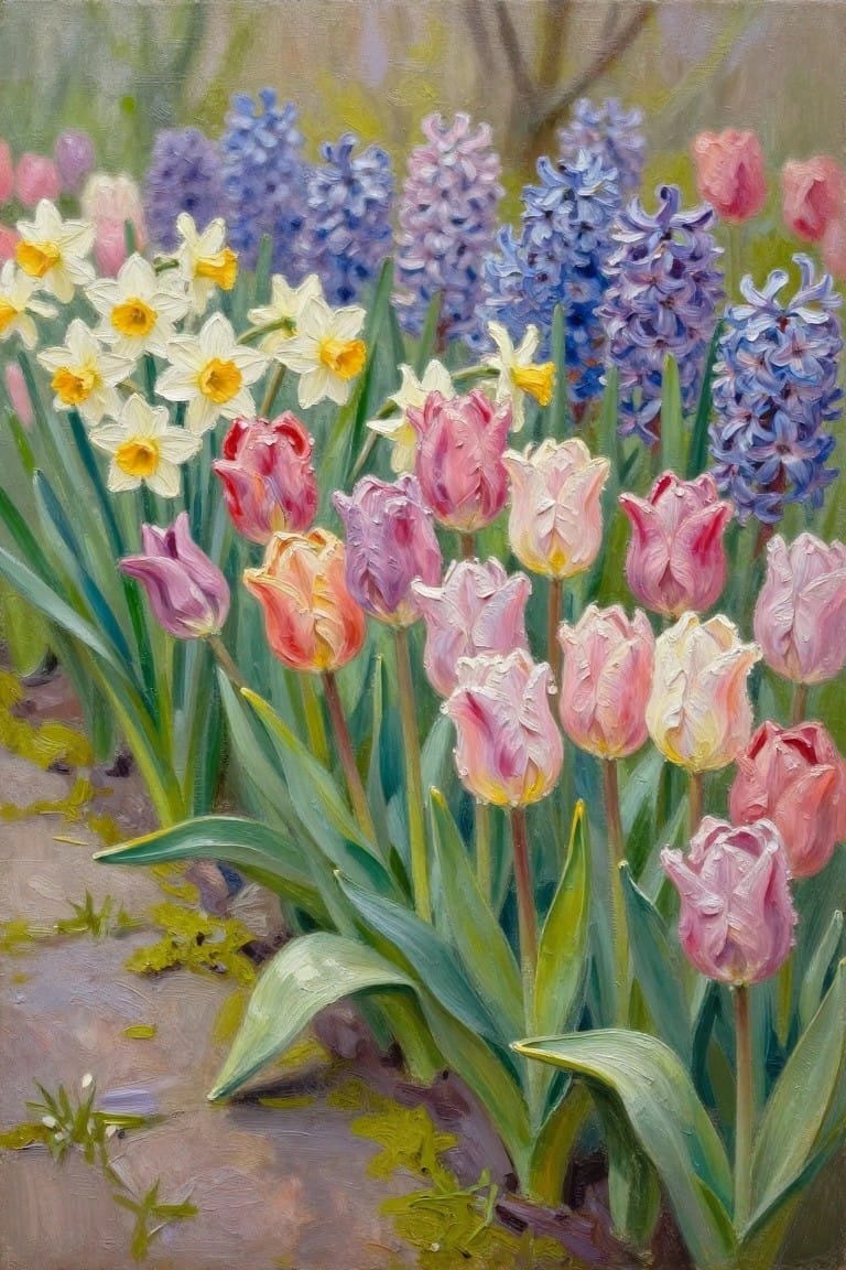 Vibrant oil painting of blooming pink tulips, daffodils, and purple hyacinths in garden
